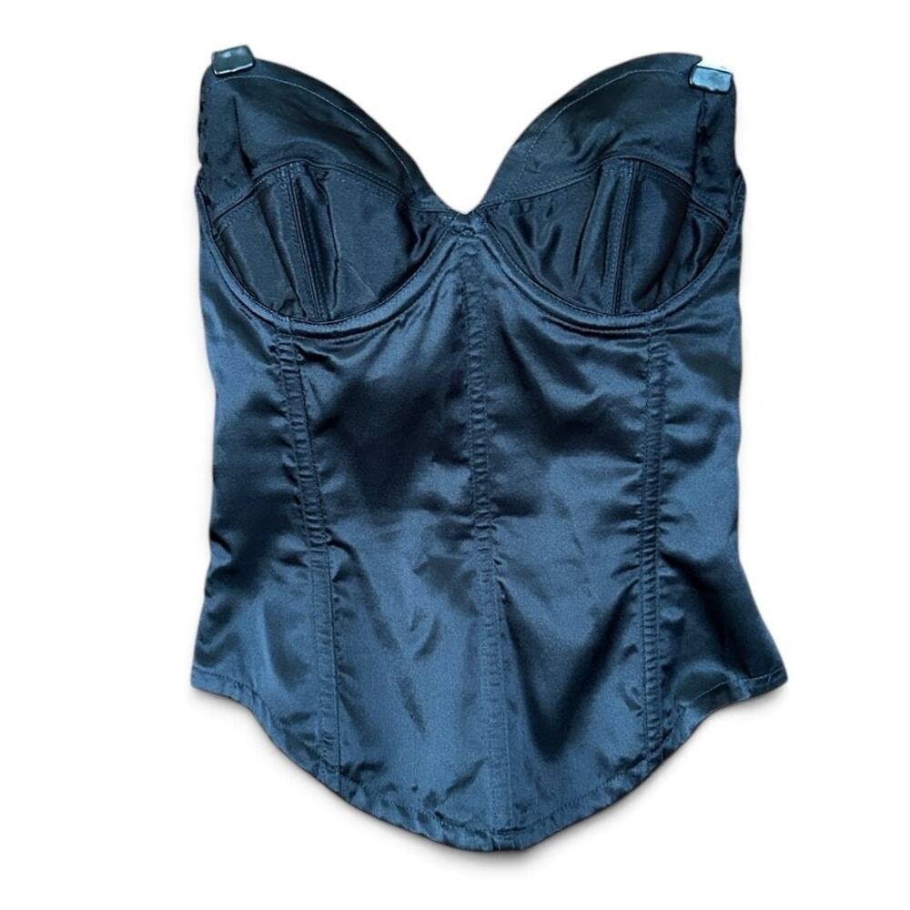 1990s Vintage Trashy Lingerie Black Satin Bustier, Iconic Corset 34B
